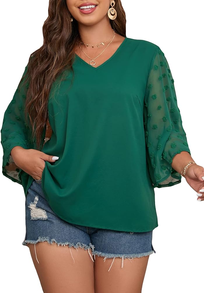 SOLY HUX Women's Plus Size Swiss Dots V Neck 3/4 Sleeve Casual Blouse Tops