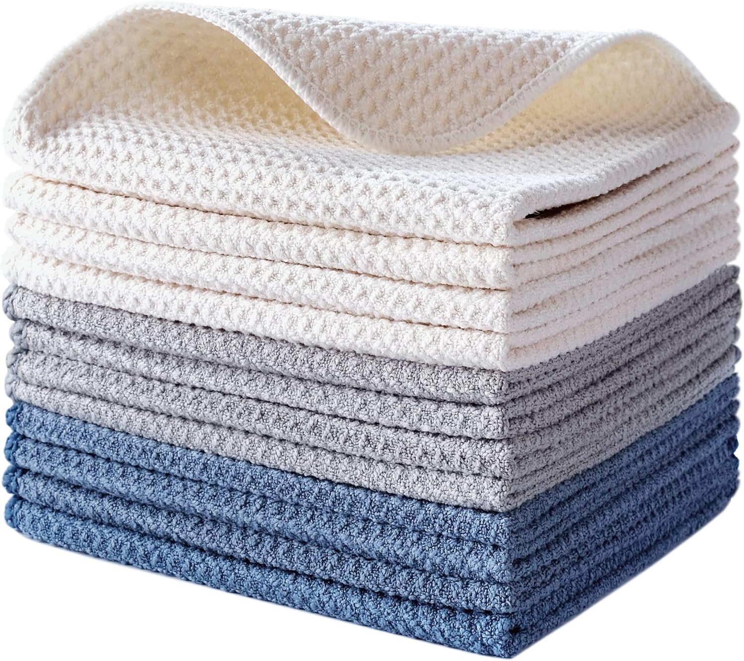 POLYTE Premium Microfiber Kitchen Dish Cloth Waffle Weave 12 Pack (12x12 in, Dark Blue, Gray, Off White)