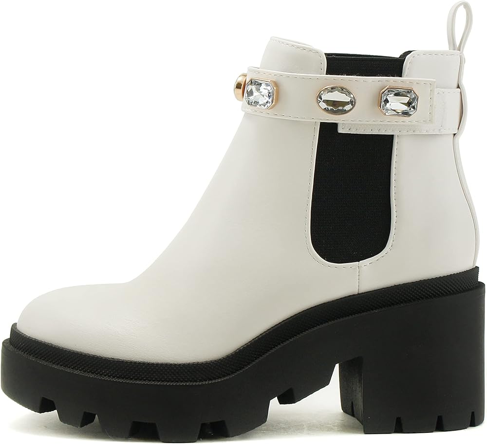 Soda PROFILE Women Lug Sole Mid Heel Chelsea Fashion Ankle Bootie w/Gleaming Studs