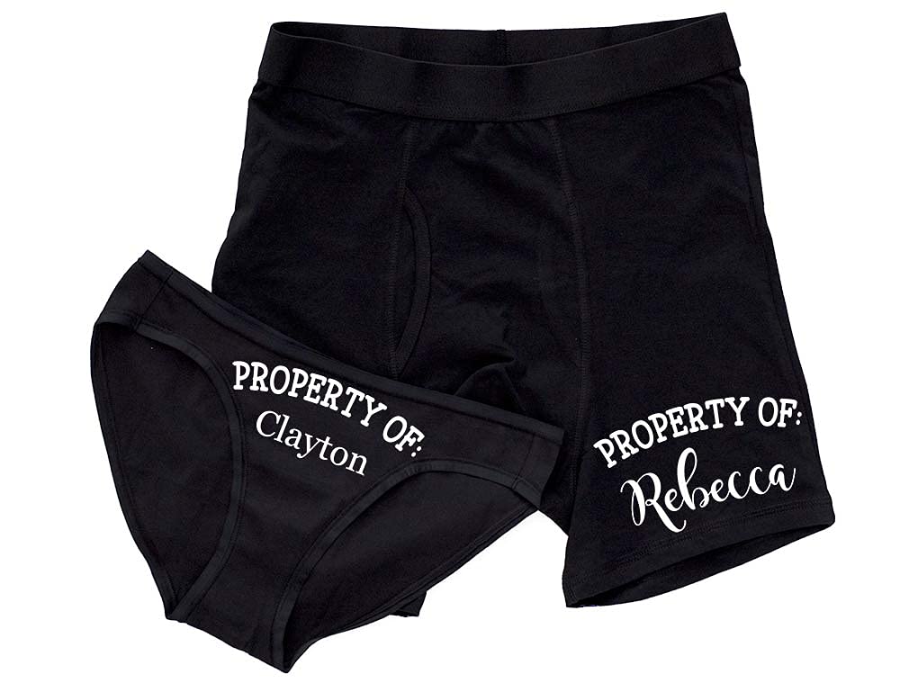 Property Of Underwear, Personalized Couples Underwear, Black Boxer Briefs and Bikinis, Set of 2