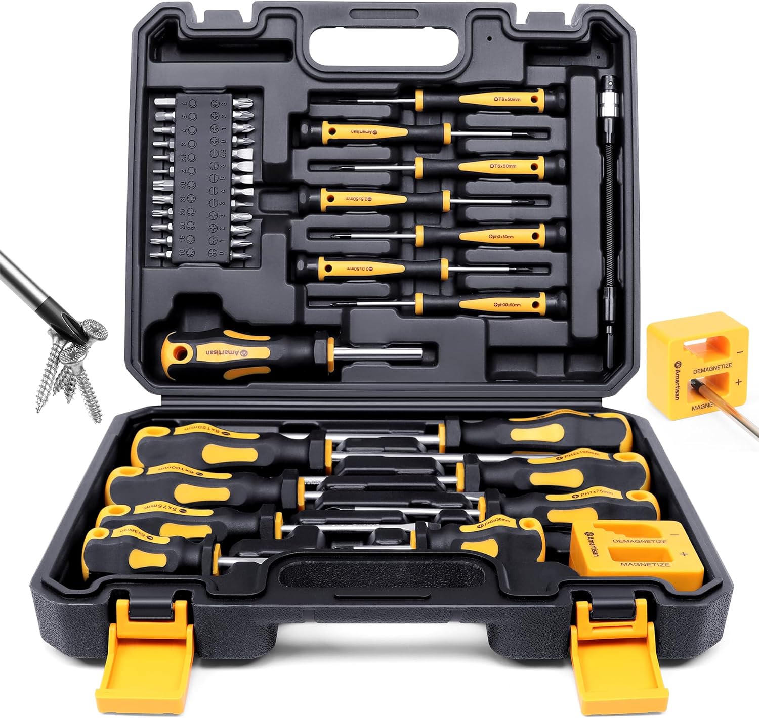 Magnetic Screwdrivers Set with Case, Amartisan 43-piece Includs Slotted, Phillips, Hex, Pozidriv,Torx and Precision Screwdriver Set, Magnetizer Demagnetizer Tools, Tools for Men