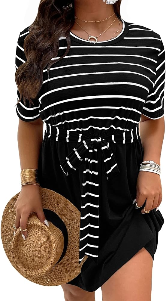 SOLY HUX Women's Plus Size Summer Striped Spliced Dress Casual Knot Front Short Sleeve A Line Dress