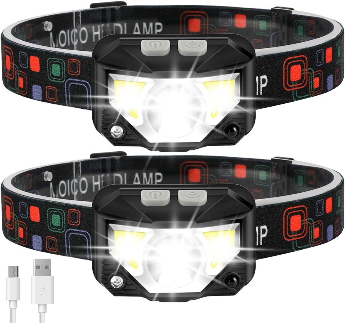 MOICO Headlamp Rechargeable,1100 Lumen Super Bright LED Head Lamp Flashlight with White Red Light, 2 Pack Motion Sensor Waterproof Head Lights, 8 Mode Headlight for Outdoor Camping Fishing Running