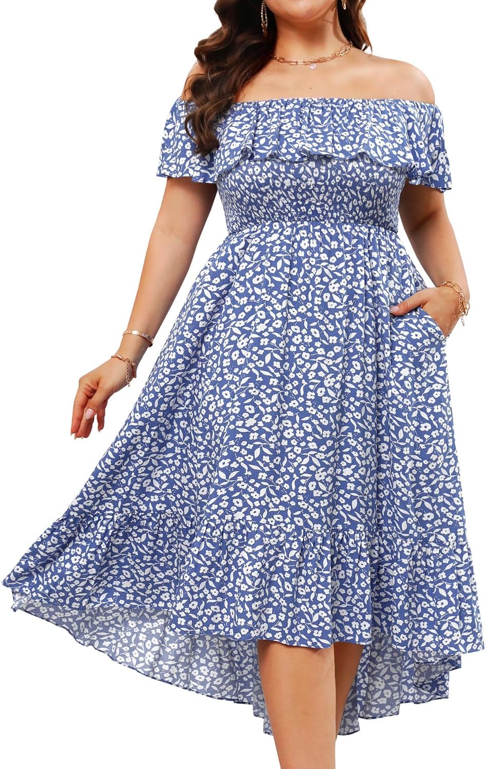 Pinup Fashion Women' Plus Size 2024 Summer Off Shoulder High Low Smocked Boho Long Flowy Sundress with Pockets