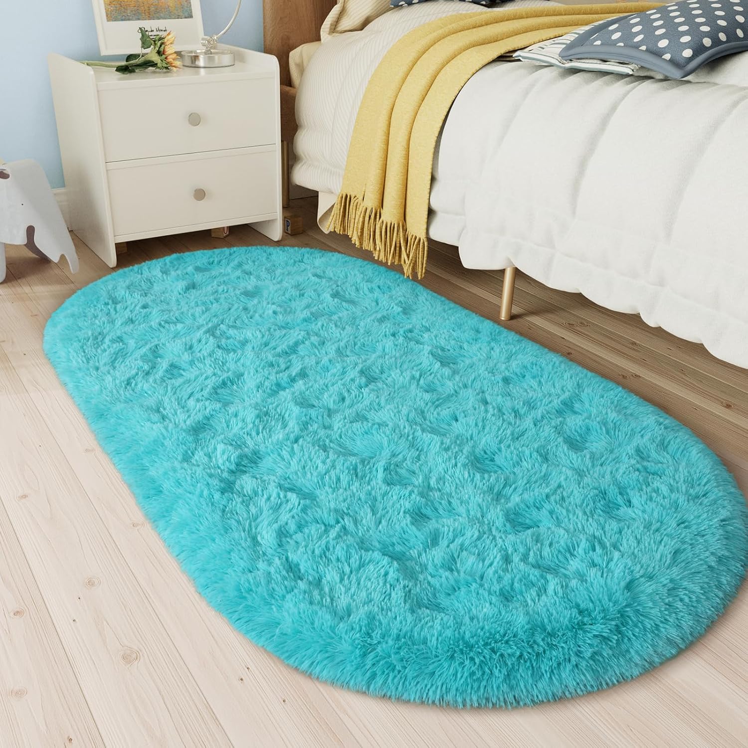 LOCHAS Fluffy Teal Blue Bedroom Rug 2.6' x 5.3', Shaggy Area Rug for Bedroom Bedside, Soft Oval Throw Rugs Carpet for Living Room Kids Girls Home Decor