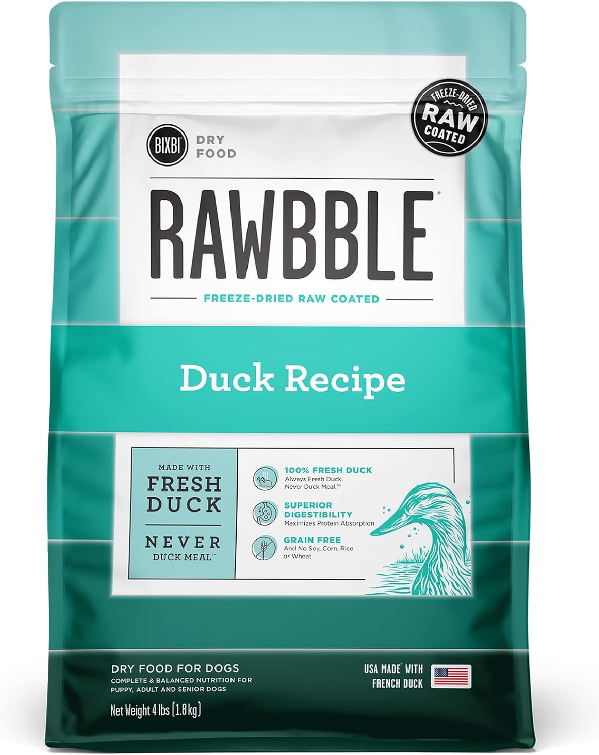 BIXBI Rawbble Dry Dog Food, Duck, 4 lbs - USA Made with Fresh Meat - No Meat Meal & No Corn, Soy or Wheat - Freeze Dried Raw Coated Dog Food - Minimally Processed for Superior Digestibility