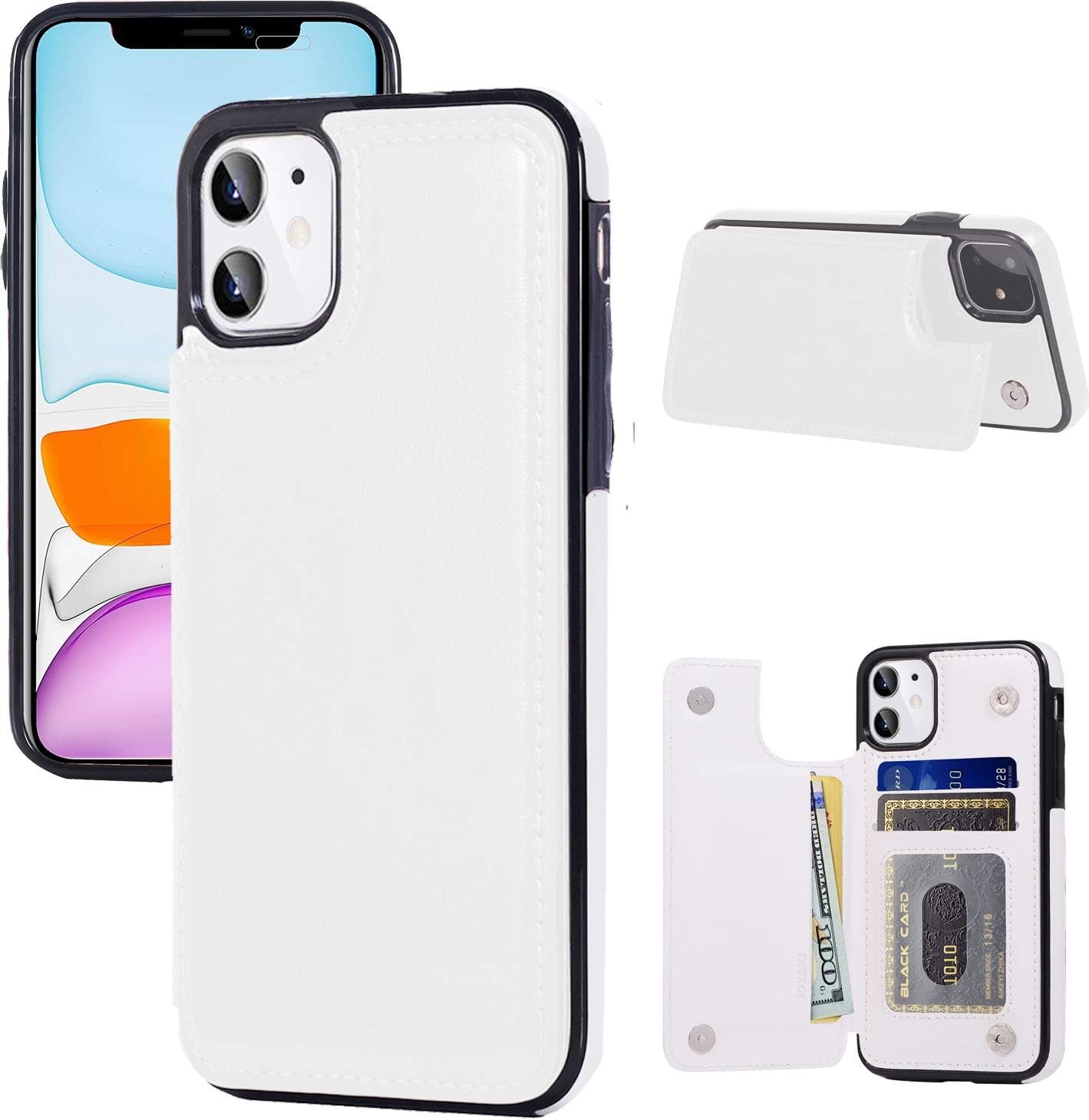 iPhone 11 Wallet Case with Card Holder,Premium PU Leather Kickstand Card Slots Case with a Free Screan Protector,Double Magnetic Clasp and Durable Shockproof Cover for iPhone11(6.1)-White