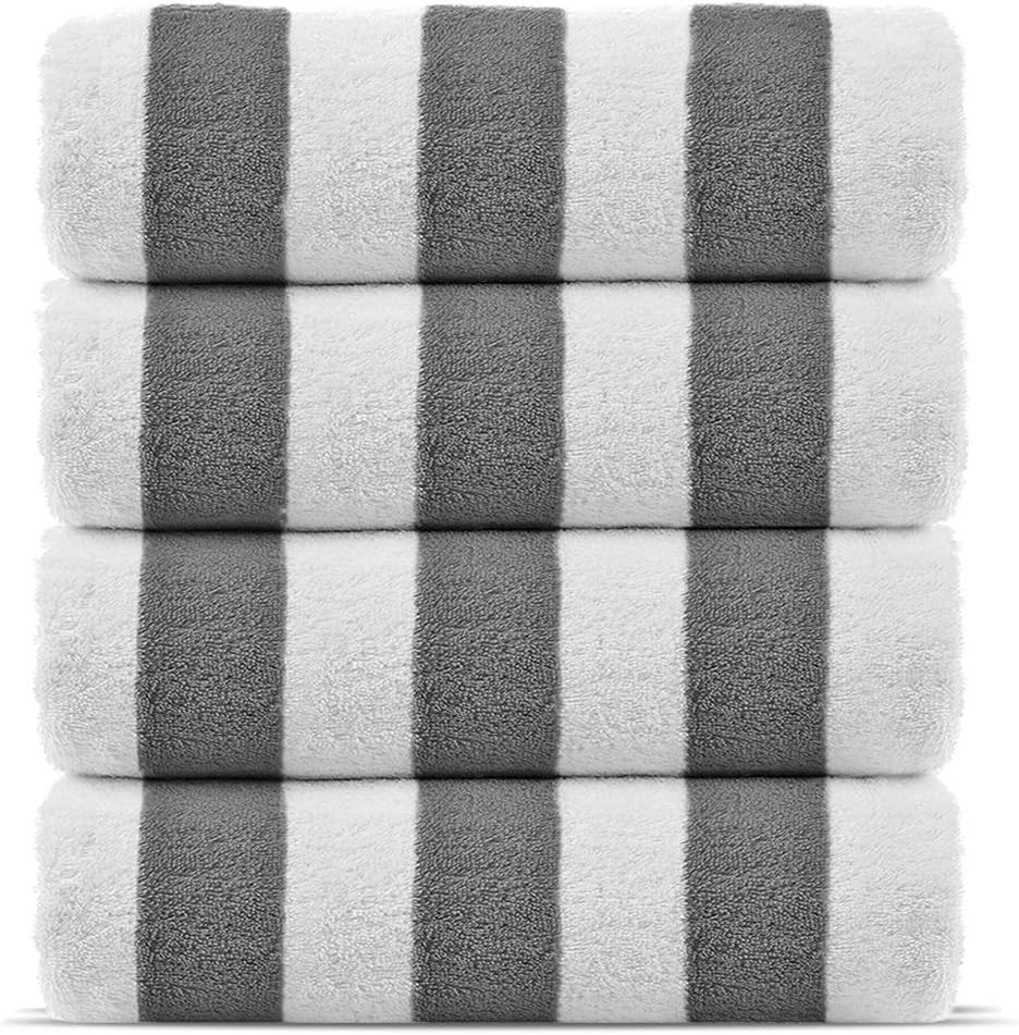 Chakir Turkish Linens Premium Quality 100% Cotton Turkish Cabana Thick Stripe Pool Beach Towels 4-Pack (Gray, 30x60 Inch)