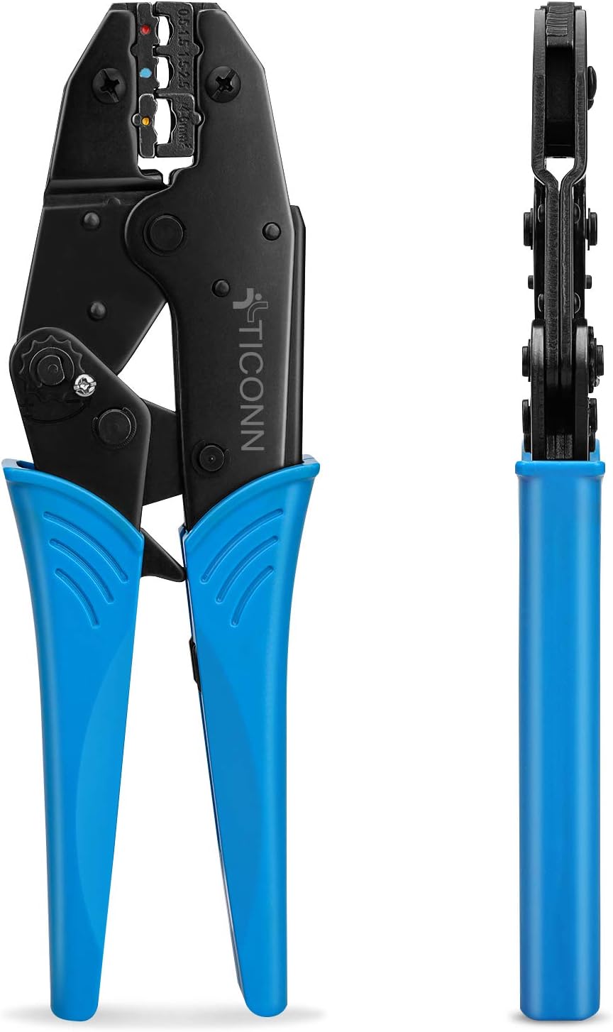 TICONN Crimping Tool for Heat Shrink Connectors - Ratcheting Wire Crimper - Crimping Pliers - Ratchet Terminal Crimper - Wire Crimp Tool (30C, Blue)