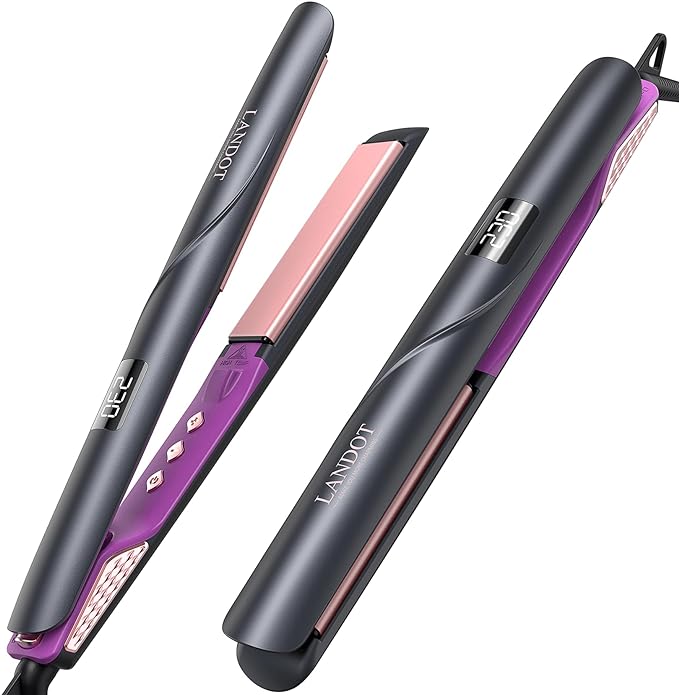 LANDOT Flat Iron Hair Straightener 1-inch: Straightener and Curler 2 in 1 - Professional Ceramic Straightening Curling Iron for Straighten Curl Wave Hair - Dual Voltage 12 Digital Heat Settings