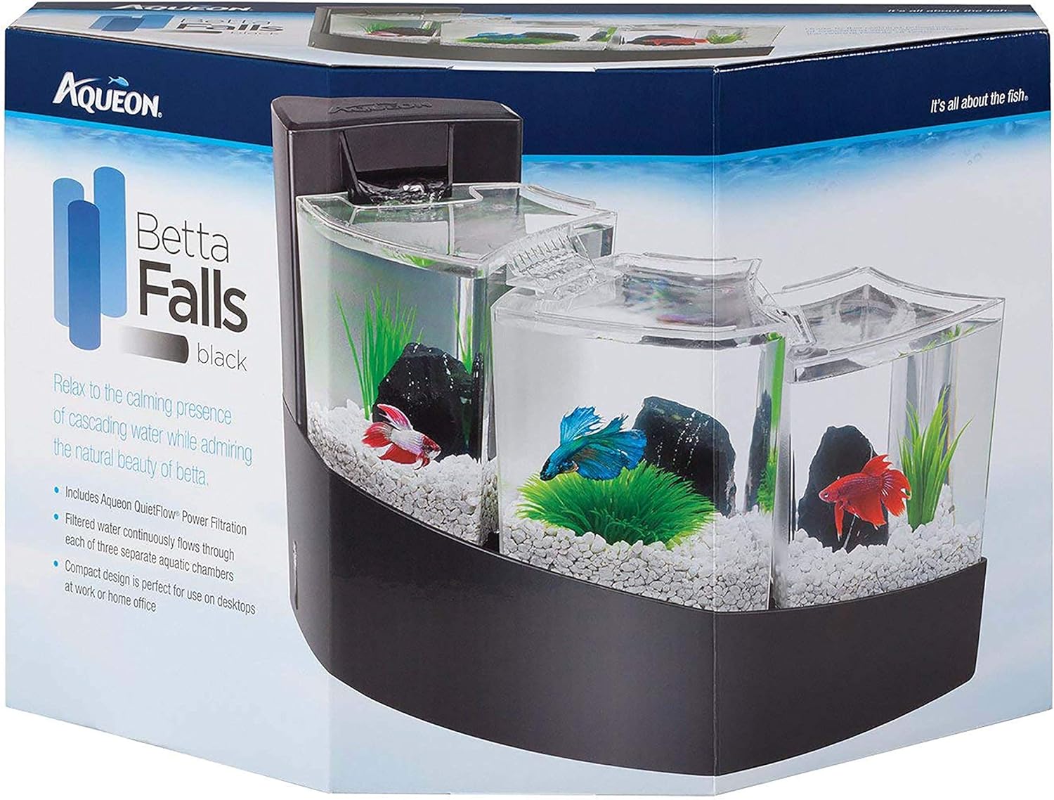 Aqueon Betta Falls 3 Section Aquarium Fish Tank With QuietFlow Power Filtration, Black