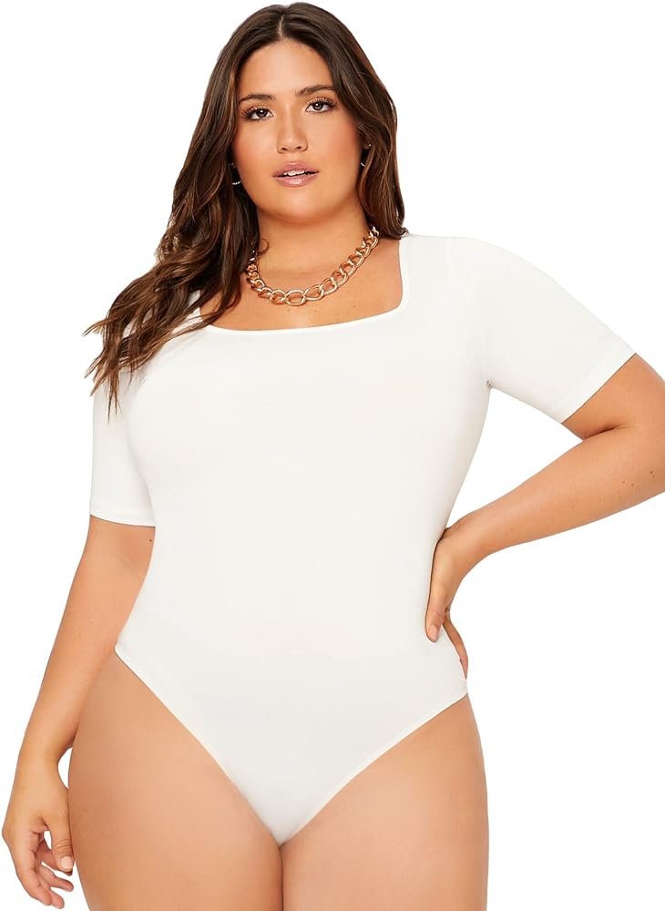 SOLY HUX Womens Plus Size Bodysuit Scoop Neck Short Sleeve T Shirts Skinny One Piece Bodysuit Summer Basic Tops