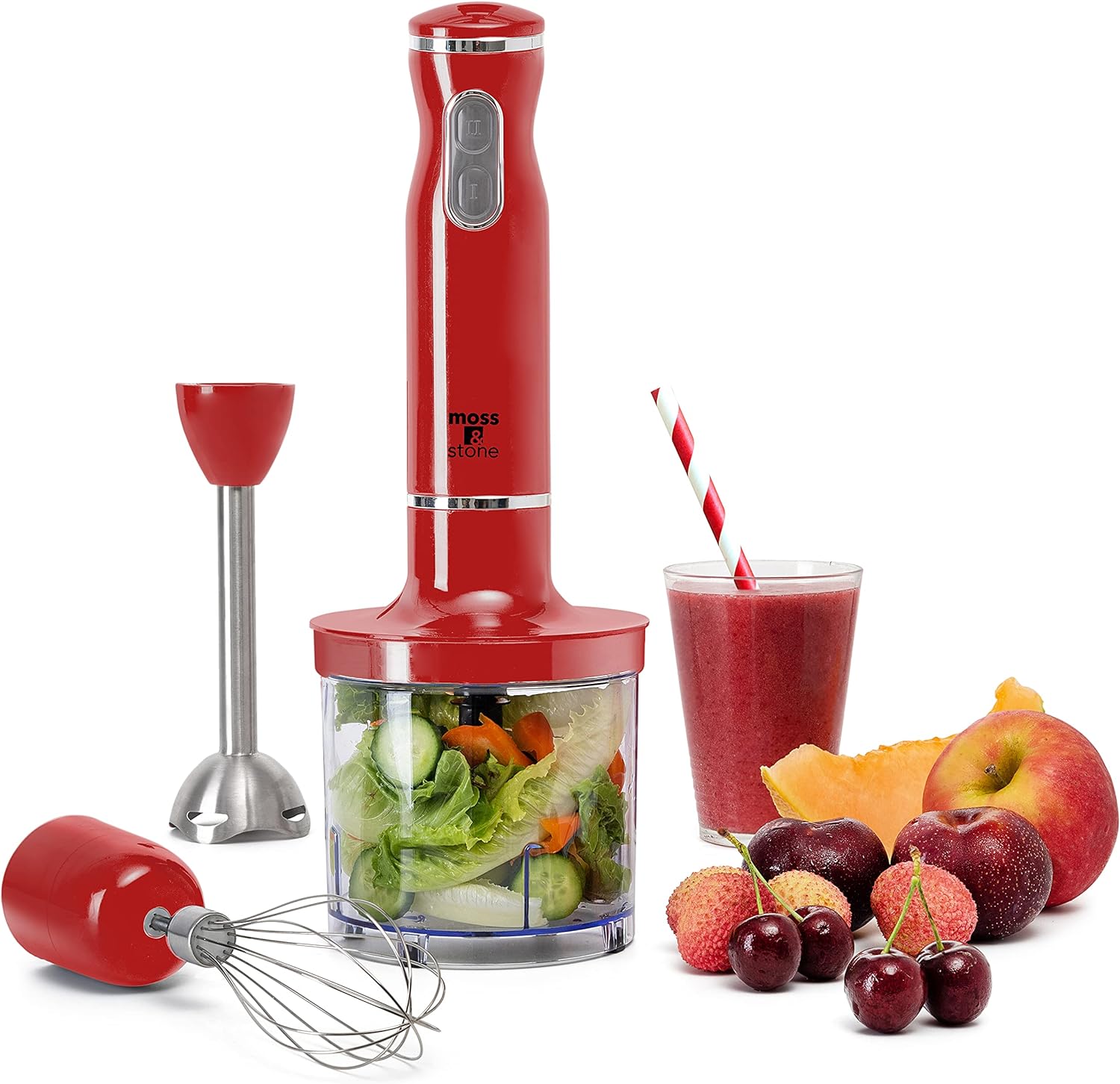 Moss & Stone Red Hand Blender Electric With Egg Whisk & Chopper, Powerful 300 Watt Immersion Hand Blender, Hand Mixer Set Stainless Steel Shaft & Blades, Red Handheld Blender With Ergonomic Handle