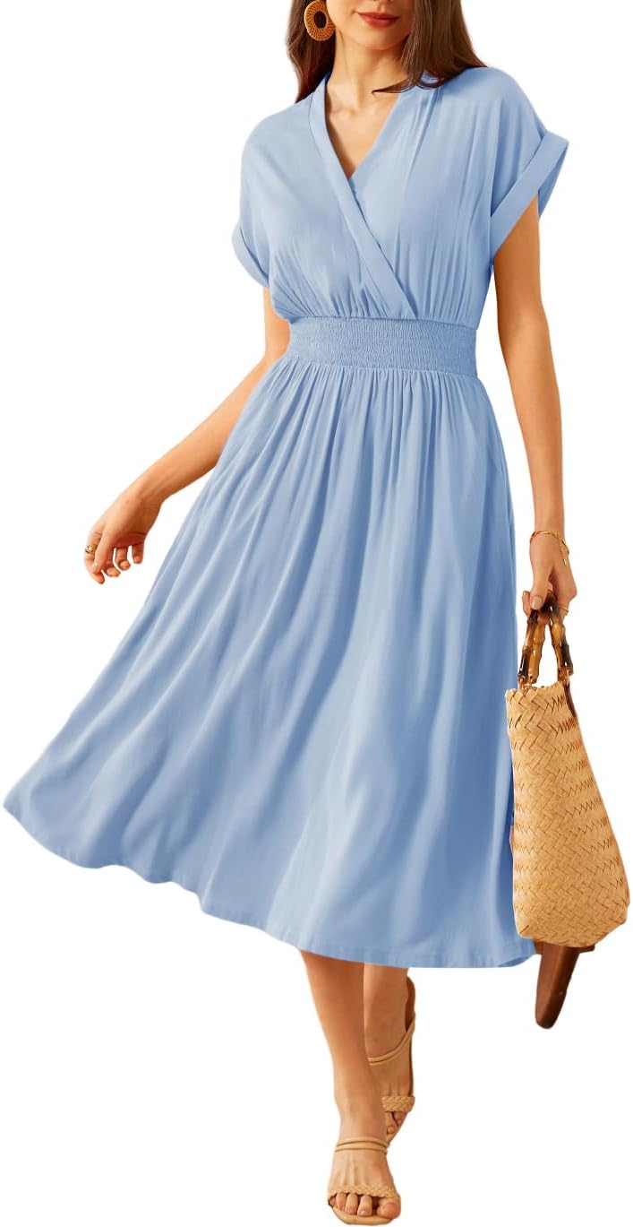 GRACE KARIN Women' Casual Linen Dresses 2024 Summer V Neck A Line Midi Dress with Pockets