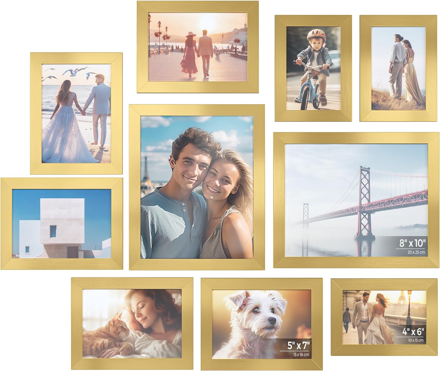 SONGMICS Picture Frames, 10 Pack Collage Picture Frames with Two 8x10, Four 5x7, Four 4x6, Photo Frame Set for Wall Gallery Decor, Hanging or Tabletop Display, Clear Glass Front, Pale Gold