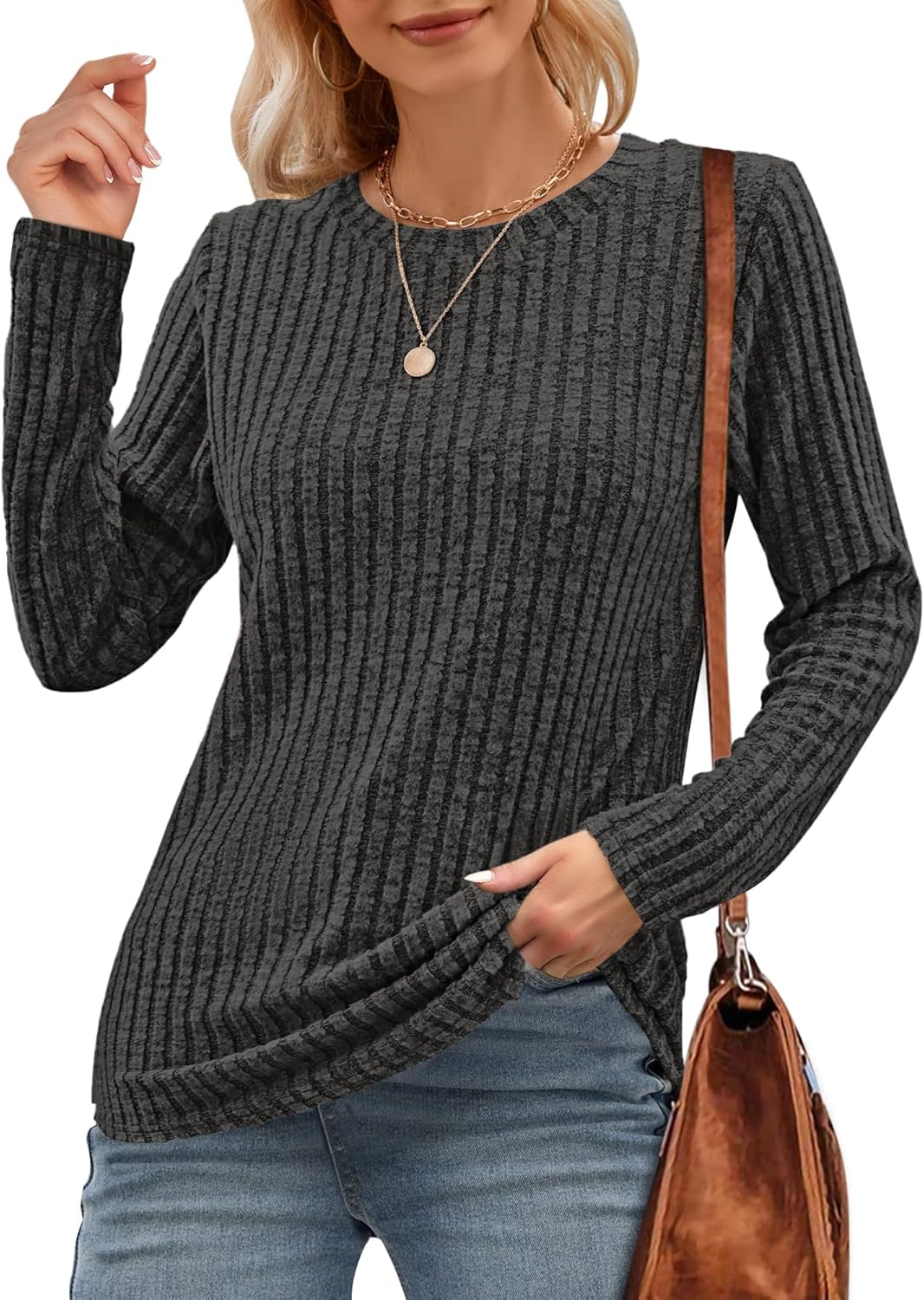 WNEEDU Long Sleeve Shirts for Women Round Neck Casual Lightweight Tunic Tops