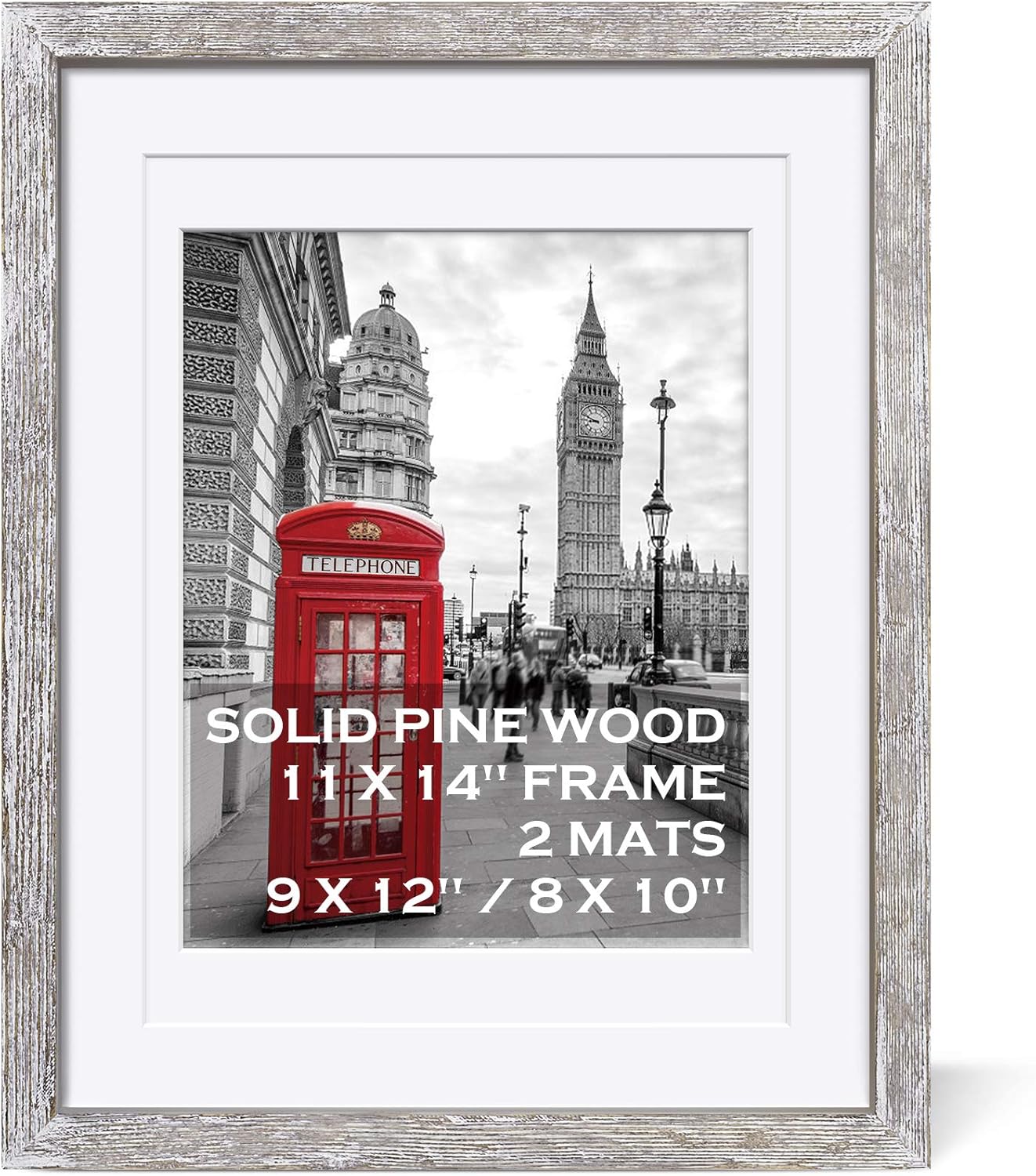 Tiblue 11x14 Solid Wood Picture Frame, Distressed Driftwood White - Rustic Farmhouse Design, 2 Mats for 9x12 or 8x10 Photos, Tabletop or Wall Mount