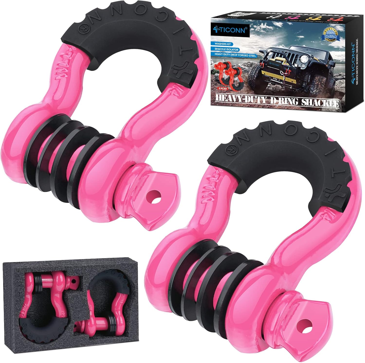 TICONN 2 Pack D Ring Shackle with 7/8 Screw Pin 57,000Ibs Break Strength, 3/4 Heavy Duty Shackles with Isolator & Washers for Tow Strap Winch Off Road Vehicle Recovery (Pink/Black)