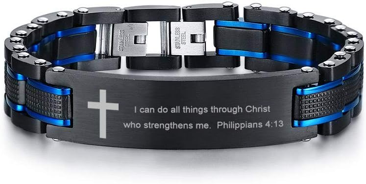 MEALGUET 2-Tone Blue Black Masculine Stainless Steel Inspirational Christian Cross Bible Verse Link Bracelets for Men,Religious Jewelry