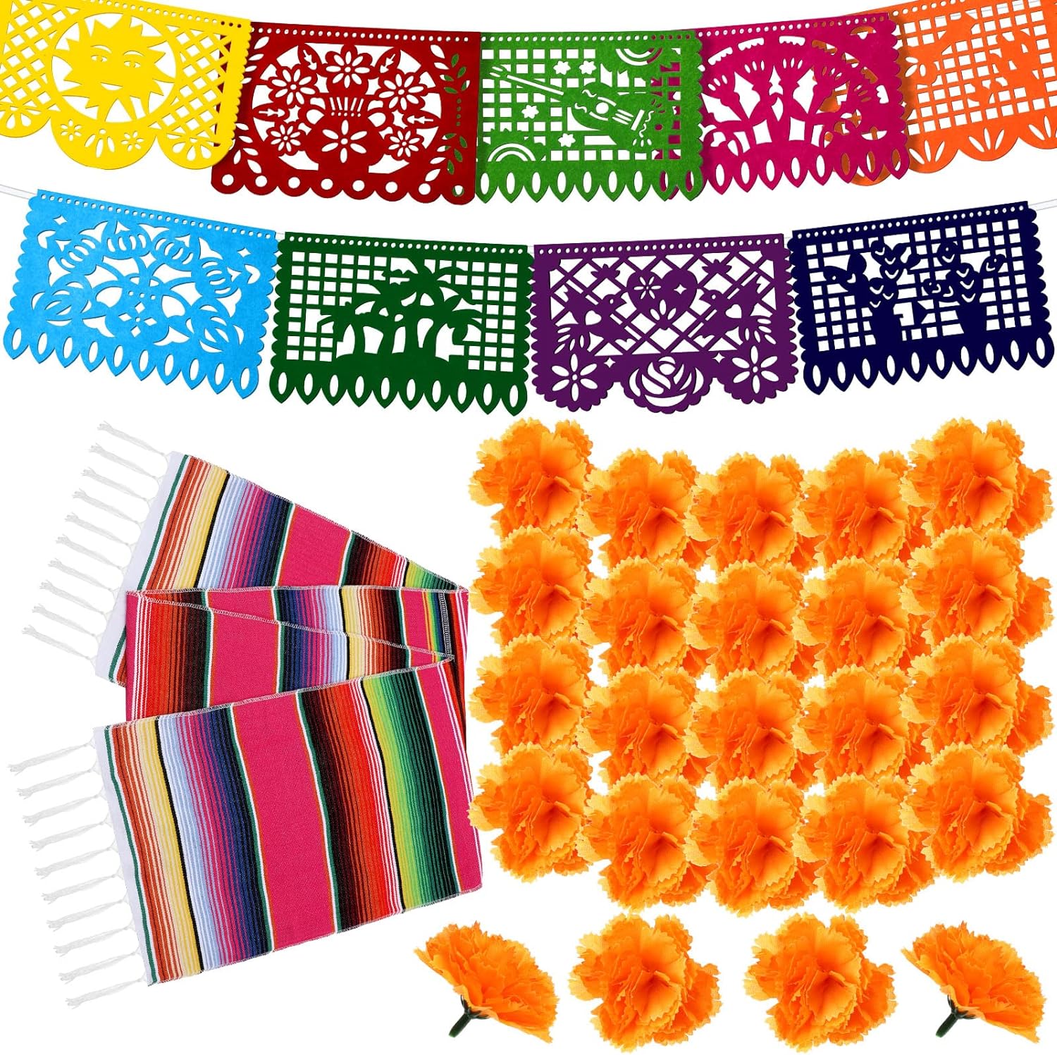 50 Pcs Marigold Flower Heads Bulk Day of the Dead Decor Altar De Ofrendas Dia de Muertos Decoration 9 Pcs Mexican Papel Picado 1 Pcs Mexican Table Runner Supplies (Orange, Rose Red)