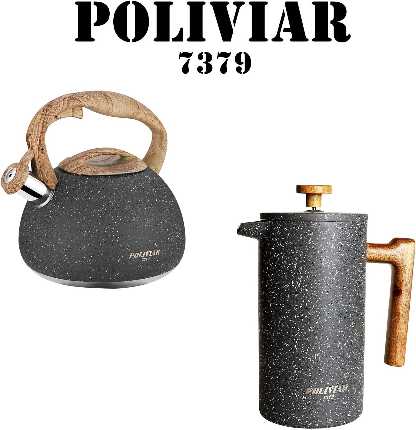 POLIVIAR Tea Kettle/Coffee Press Stone, 2.7 Quart Tea Kettle, 34 OZ French Coffee Press with teak wood handle(JX2020-NS))