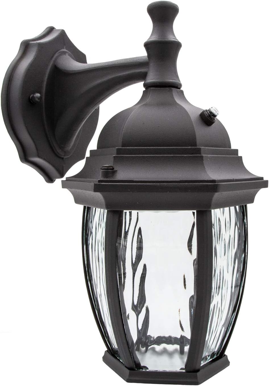 Maxxima Outdoor Wall Light, Black, 580 Lumens, 3000K Warm White, Dusk to Dawn Sensor, Water Glass, Patio or Porch Sconce, 120VAC, 60Hz