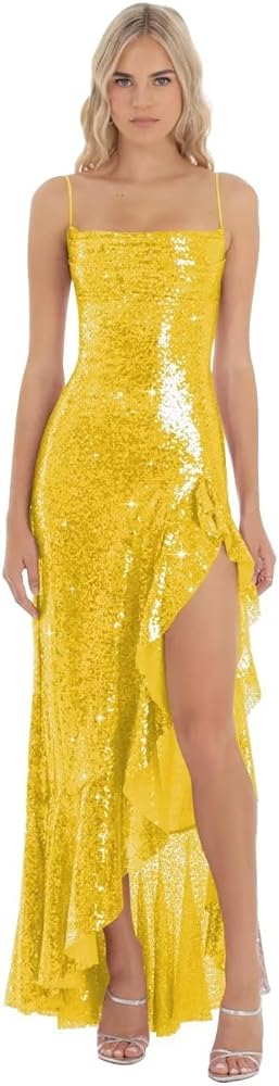 Spaghetti Straps Sequin Prom Dresses for Women Tight Mermaid Formal Dress Ruffle Sparkly Evening Party Gowns