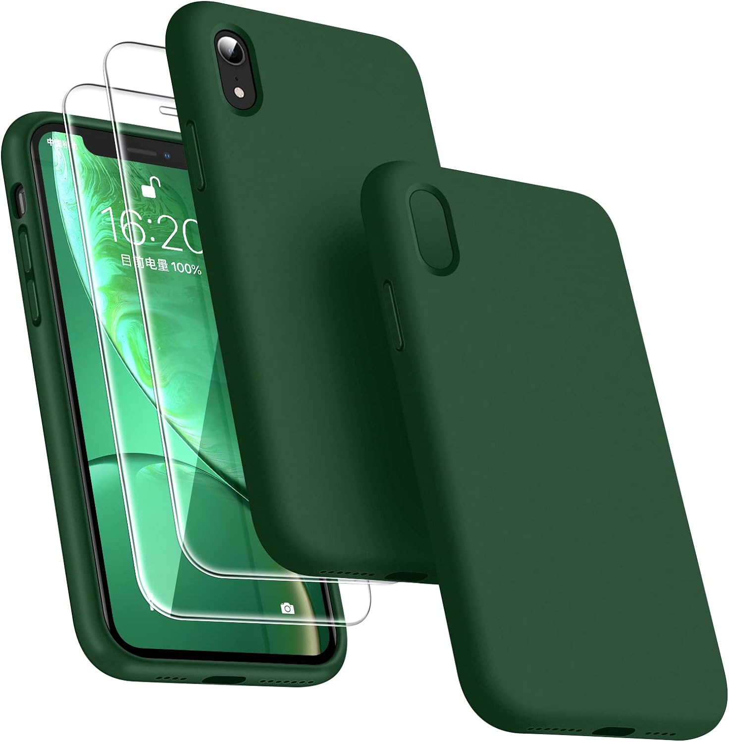 Dssairo [3 in 1 for iPhone Xr Case, with 2 Pack Screen Protector, Liquid Silicone Slim Shockproof Protective Phone Case 6.1 inch [Microfiber Lining] (Alpine Green)