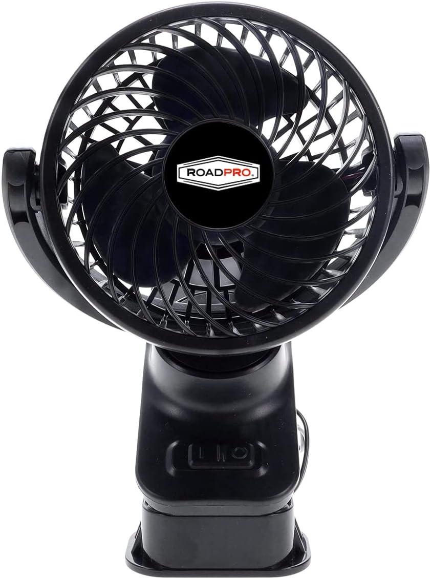 RoadPro RPUSBFAN Black 4-Inch Clip-on Fan for Vehicle or Desk USB Portable Mini Cooling Fan