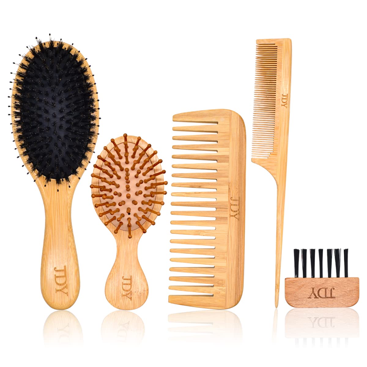 Brush 4 Pieces Bamboo Hair Brush Set Boar Bristle Hair Brushes Wide Tooth &Tail Comb for Family Members with Curly Wavy Thick Short Long Hair for Smoothing Frizz, Detangling,Scalp Massaging