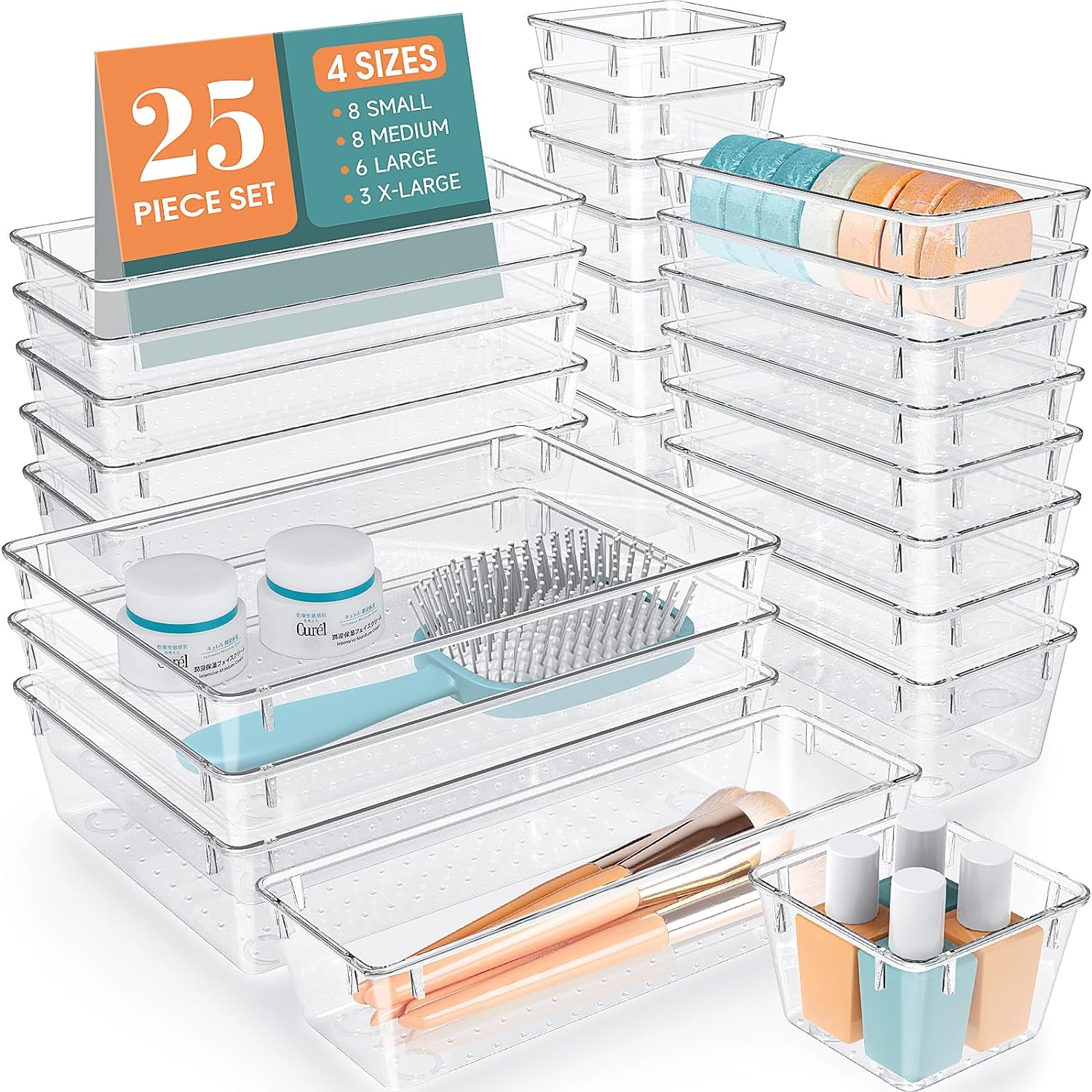 WOWBOX 25 PCS Clear Plastic Drawer Organizer Set, 4 Sizes Desk Drawer Divider Organizers and Storage Bins for Makeup, Jewelry, Gadgets for Kitchen, Bedroom, Bathroom, Office