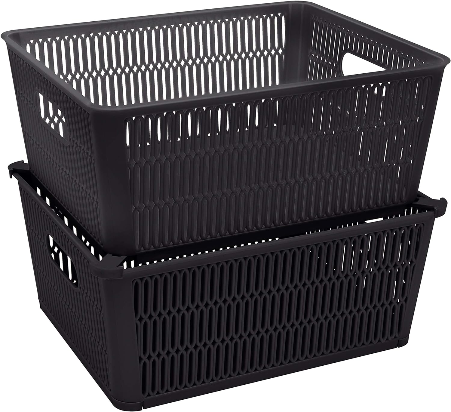 Simplify 2Pk Large Slide 2 Stack It Tote Basket | Storage & Organization | Open Bins with Stackable Capability | Bathroom | Crafts | Pantry | Playroom | Office | Black