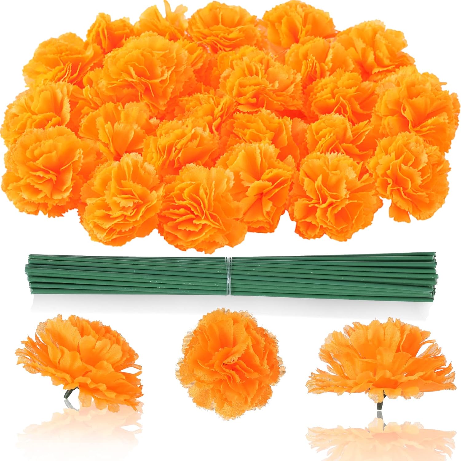 Marigold Flowers 50Pcs 2'' Silk Artificial Marigold Flowers Head Bulk for DIY Diwali Festival Indian Wedding Party Day of The Dead Dia de Los Muertos ofrenda Altar Decorations (Orange)