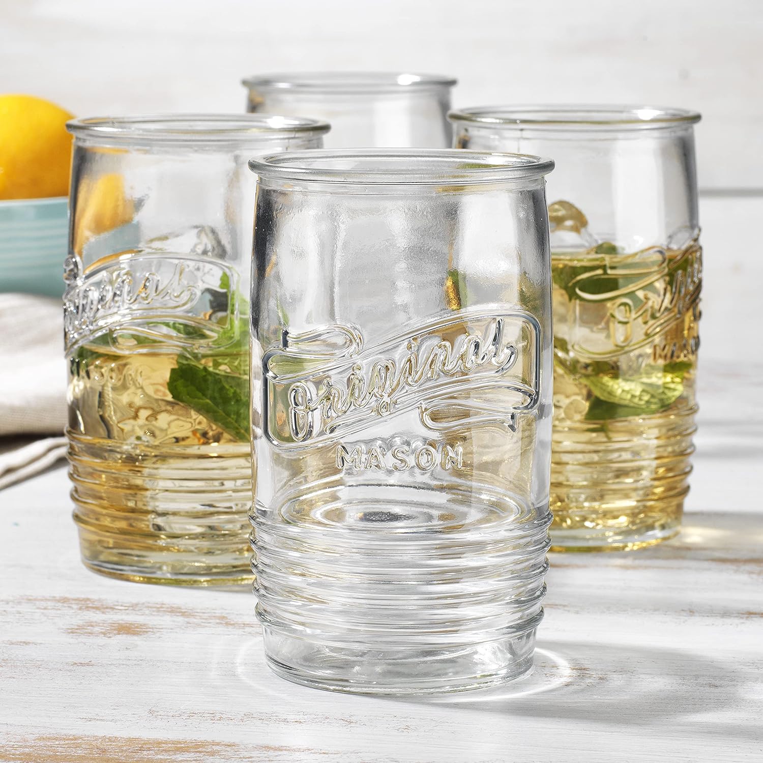 Glaver's Glass Tumbler Drinking Glasses Set of 4  Genuine Artisan-Made Vintage Italian Original Mason  Elegant 20 Oz Clear Tumbler Glassware Set for Refreshing Drinks, Beverages, Iced Tea.