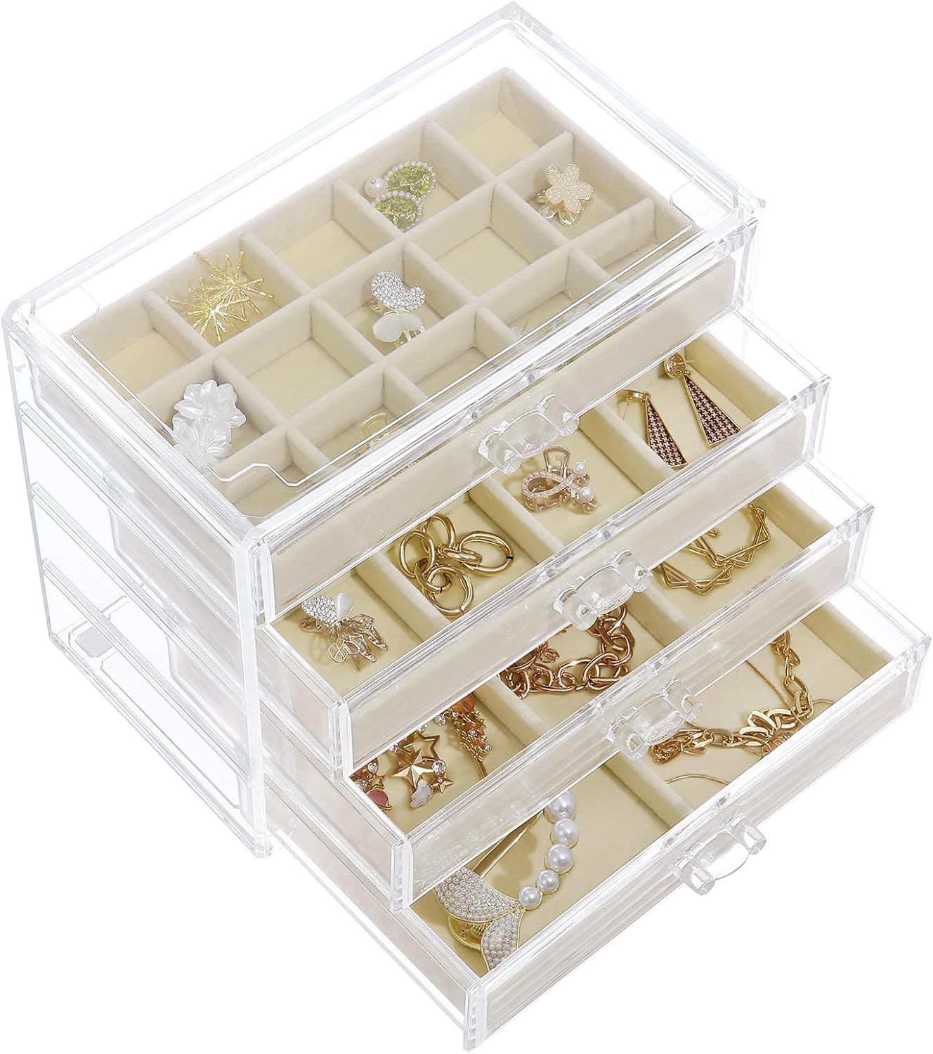 misaya Earring Jewelry Organizer Box, Large Acrylic Jewelry Organizer with 4 Drawers, Mother' Day Gift, Clear Velvet Earring Holder Organizer for Earrings, Rings, Necklace, Cream