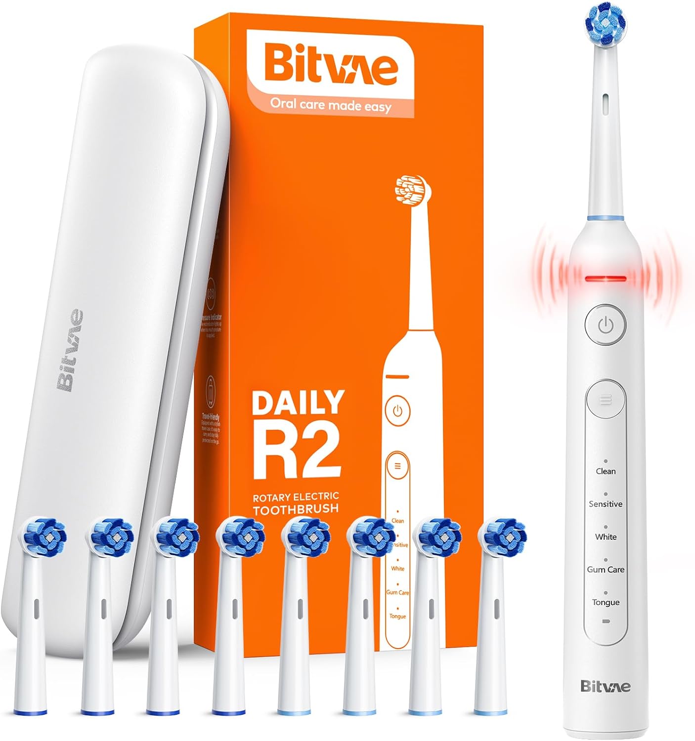 Bitvae R2 Rotating Electric Toothbrush for Adults with 8 Brush Heads, 5 Modes Rechargeable Power Toothbrush with Pressure Sensor, White