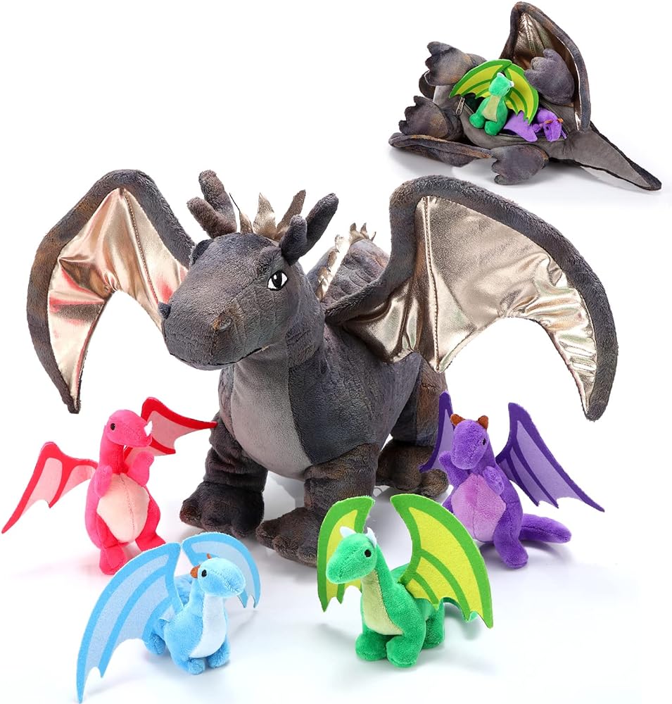 5 Pcs Dragon Plush Set for Kids 16 Inch Mommy Dragon Stuffed Animal with 4 Small Dragon Plushies for Boys Girls Birthday Party Decor Gifts