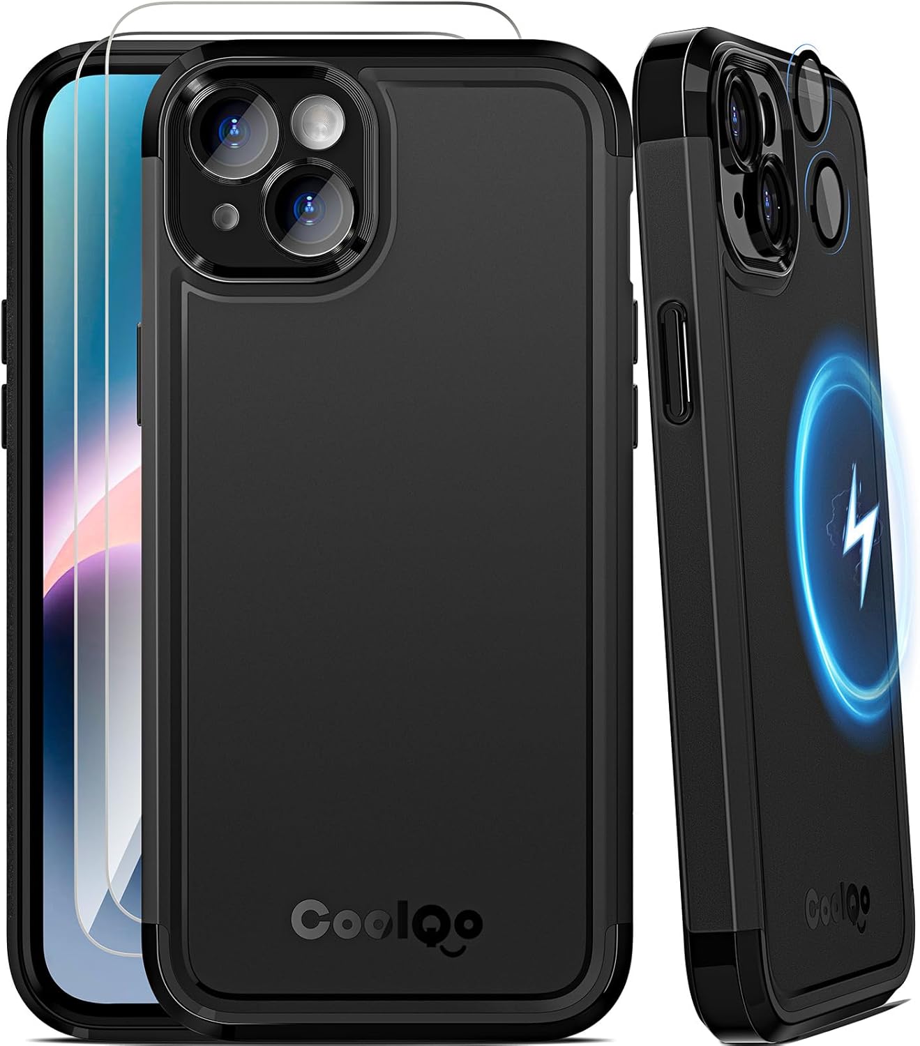 COOLQO Magnetic for iPhone 13 Case iPhone 14 Case 2X[Tempered Glass Screen Protector+Camera Lens Protectors] Shockproof Protective Phone Case for iPhone 13/14, Black