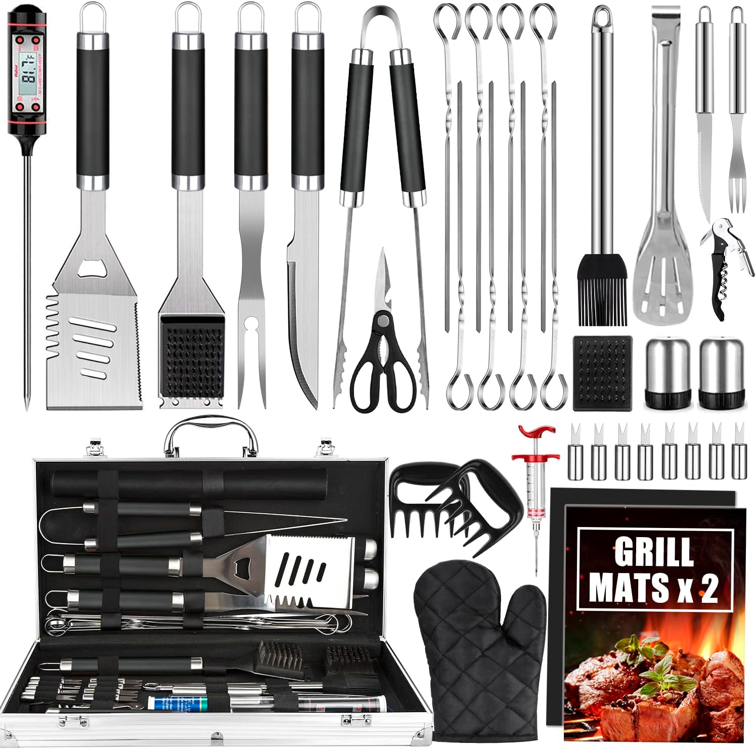 BBQ Grill Accessories Set, 38Pcs Stainless Steel Grill Tools Grilling Accessories with Aluminum Case, Thermometer, Grill Mats for Camping/Backyard Barbecue, Grill Utensils Set for Men Women