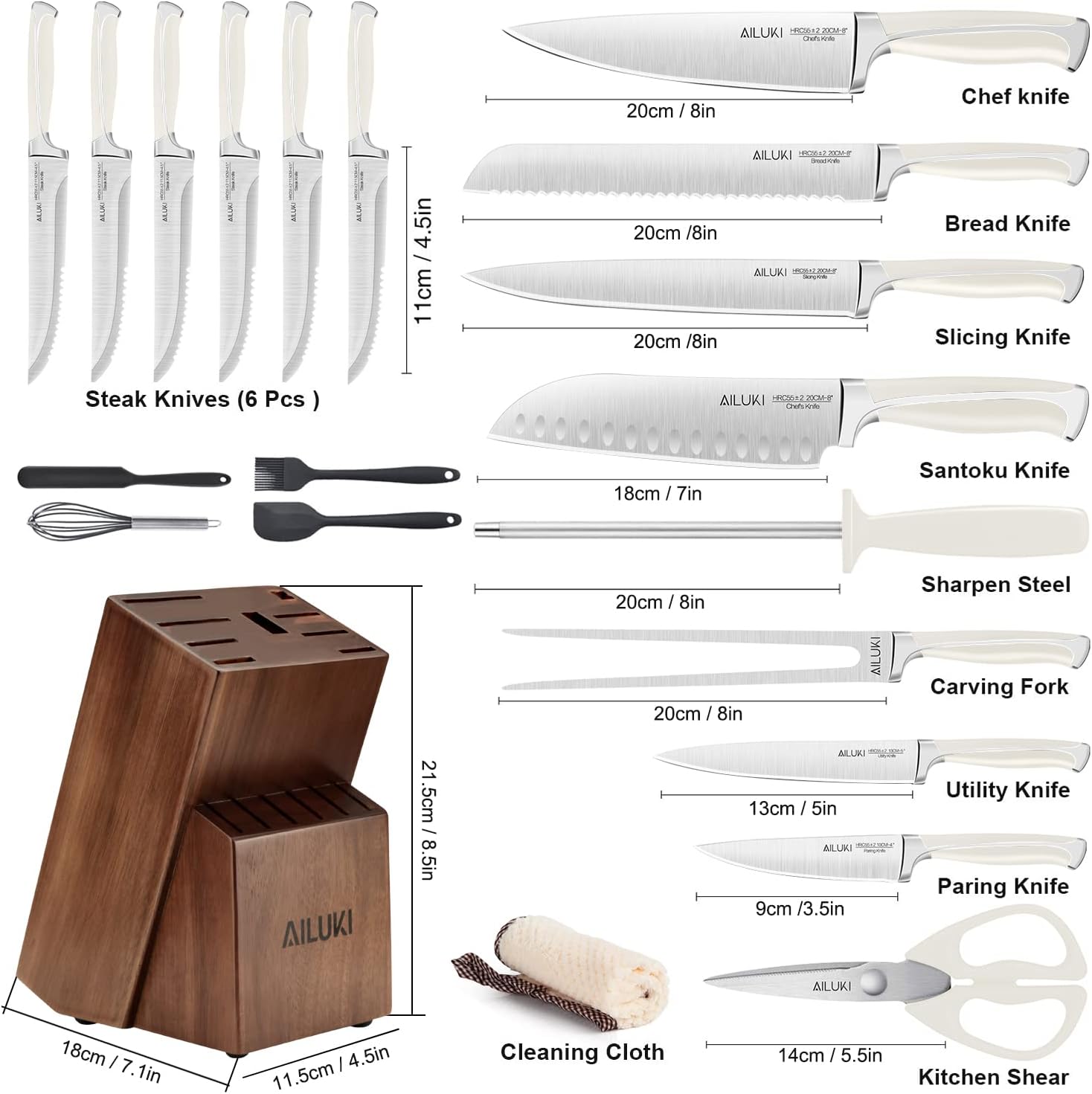 Knife Set,20 Piece Kitchen Knife Set with Block Wooden and Sharpener, Professional High Carbon German Stainless Steel Chef Knife Set, Ultra Sharp Full Tang Forged White Knives Set