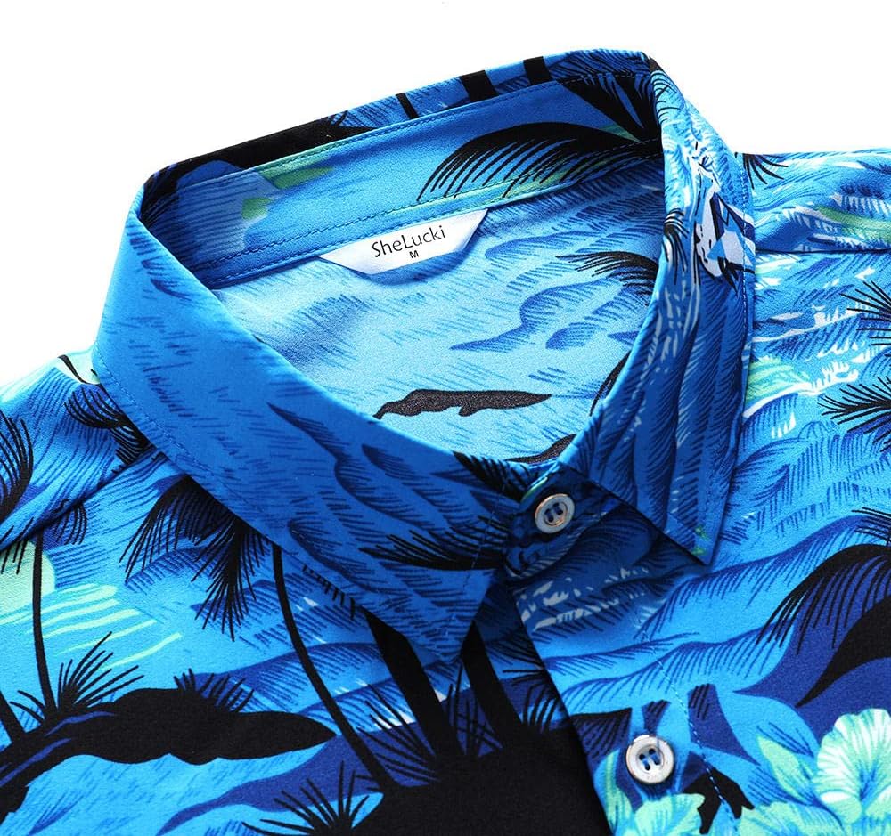 SheLucki Hawaiian Shirt for Men, Unisex Summer Beach Casual Short Sleeve Button Down Shirts, Printed Palmshadow Clothing