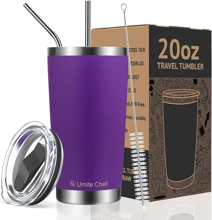 Umite Chef 28oz Tumbler Double Wall Stainless Steel Vacuum Insulated Travel Mug with Lid, Insulated Coffee Mug Cup, 2 Straws, for Home, Outdoor, Office, School, Ice Drink, Hot Beverage(Purple)