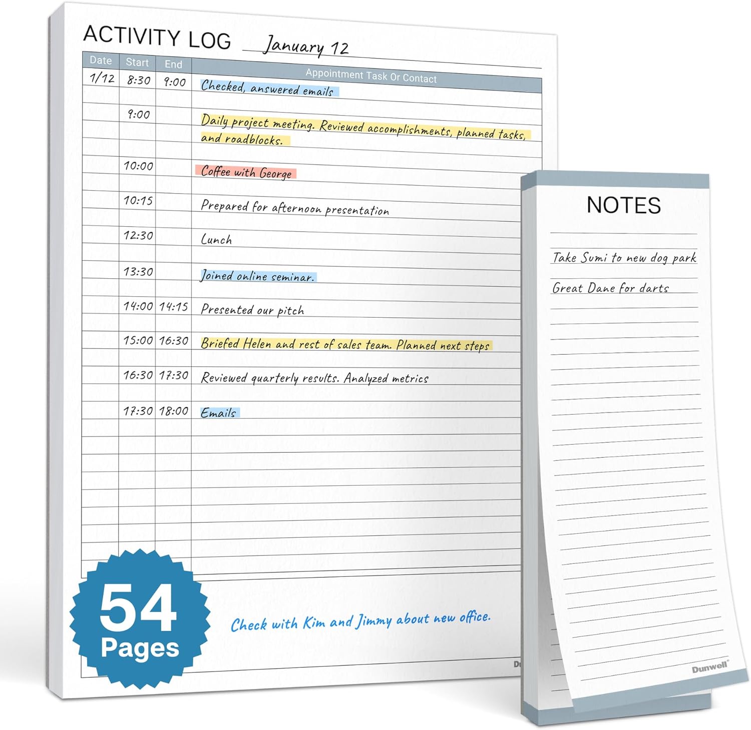 Dunwell Activity Log Notepad, 54 Tear-Off 8.5 x 11 Sheets, Time Sheet Log Book Notebook Pad, Undated Desktop Planner Pad for Daily Tasks, Call Log, Desk Planner Productivity Tools for Work or Home