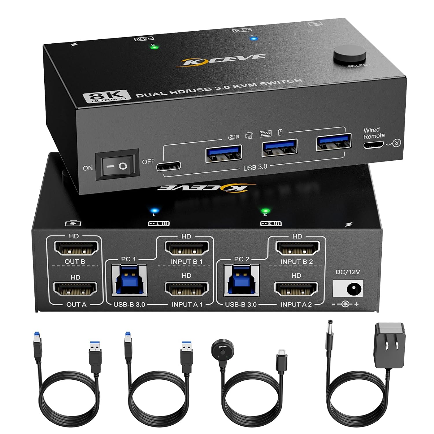 8K KVM Switch 2 Computers 2 Monitors, KCEVE Dual Monitor USB 3.0 HDMI KVM Switcher Box, Support 7680x4320@60Hz, 3840x2160@120Hz Resolution for 2 Computers Share Mouse Keyboard and Monitor