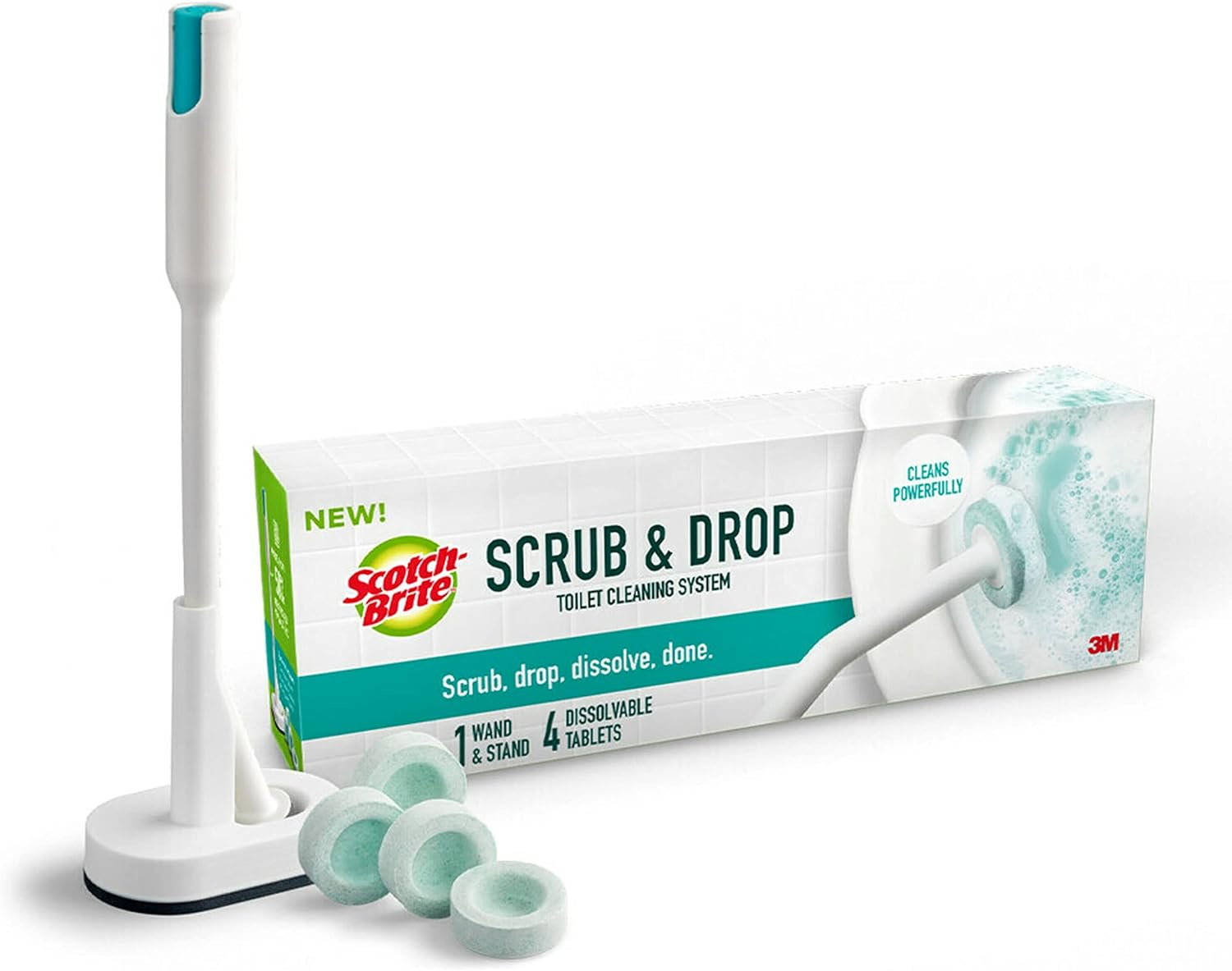 Scotch-Brite Scrub & Drop Toilet Cleaning System, Toilet Bowl Cleaner with Dissolvable Scrub Pad Tablets, Includes 1 Wand, Stand and 4 Disposable Refills