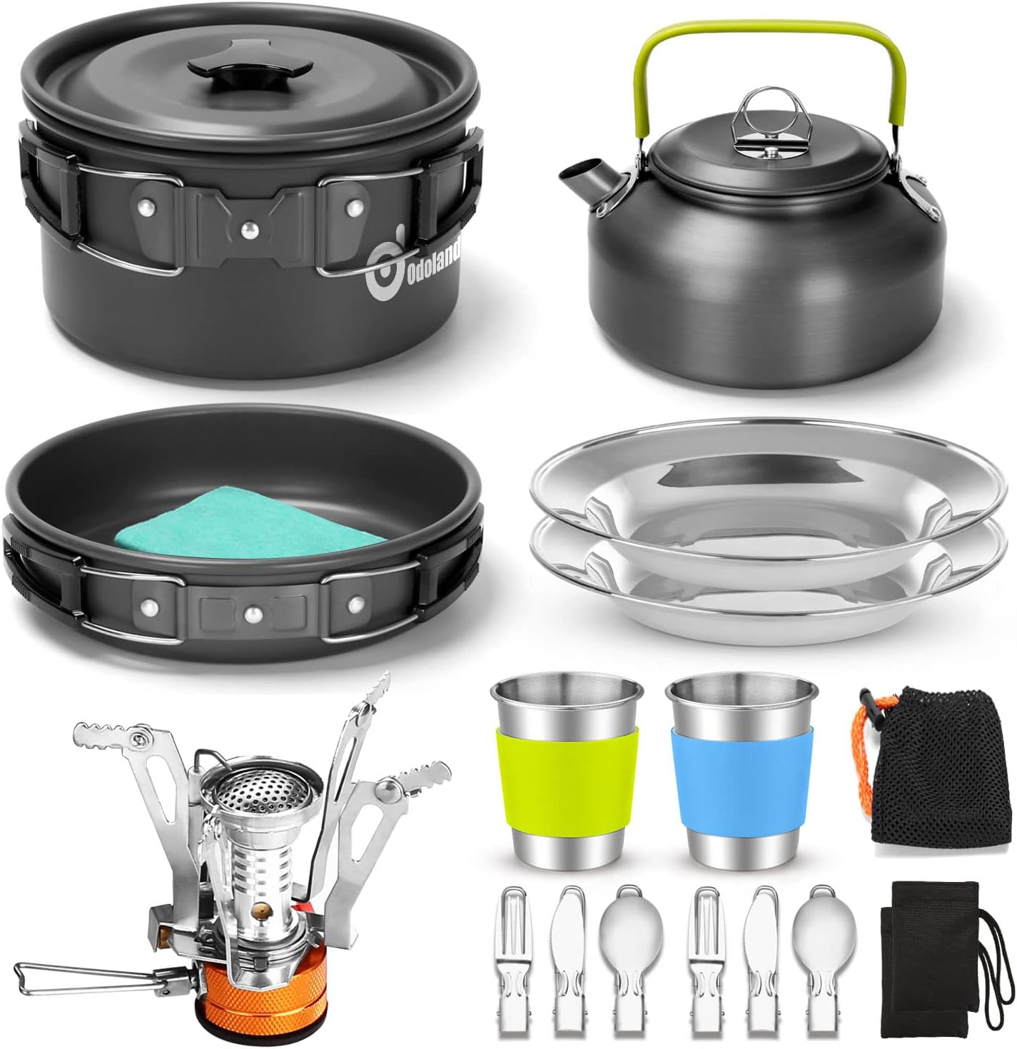 Odoland 16pcs Camping Cookware Set with Folding Camping Stove, Non-Stick Lightweight Pot Pan Kettle Set with Stainless Steel Cups Plates Forks Knives Spoons for Camping Backpacking Outdoor Picnic