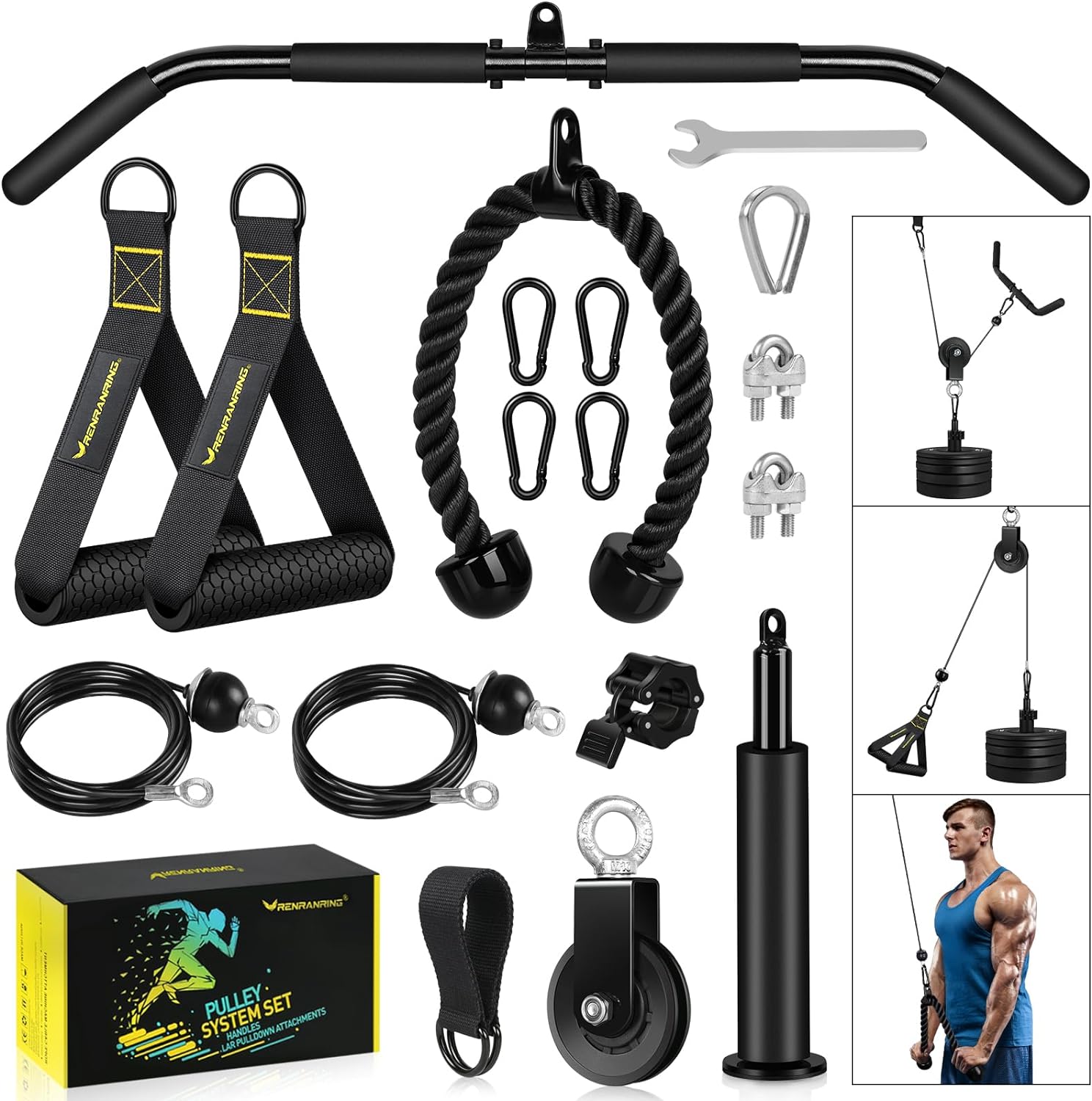 Fitness LAT and Lift Pulley System Gym - Upgraded LAT Pull Down Cable Machine Attachments, Loading Pin, Handle and Tricep Rope, for Biceps Curl, Forearm, Triceps Exercise Gym Equipment