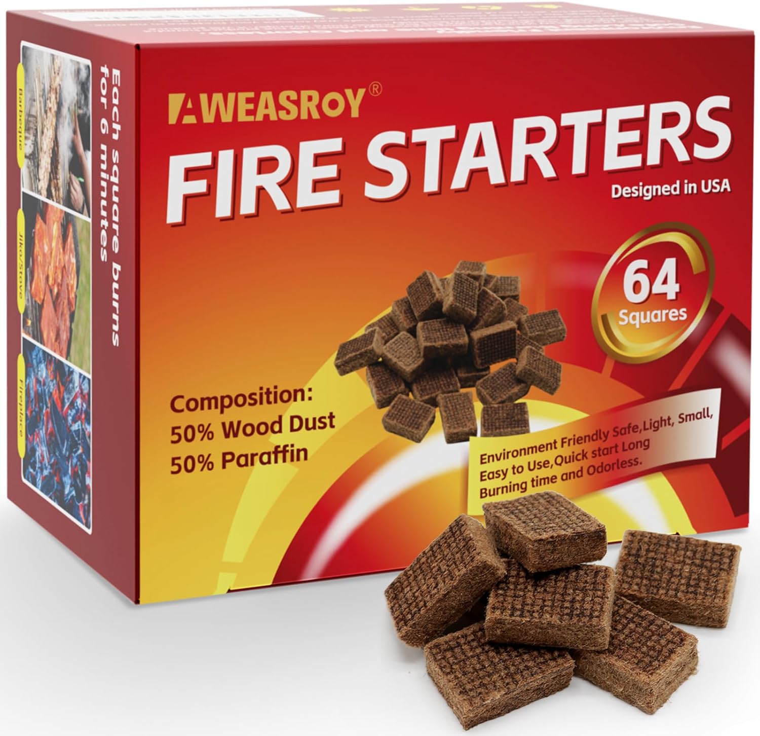 Fire Starter Squares 64 - Fire Starters for Fireplace,Chimney,BBQ Grill,Camping Fire,Wood Stove - Water Resistant and Safe Odourless - Camping Accessories