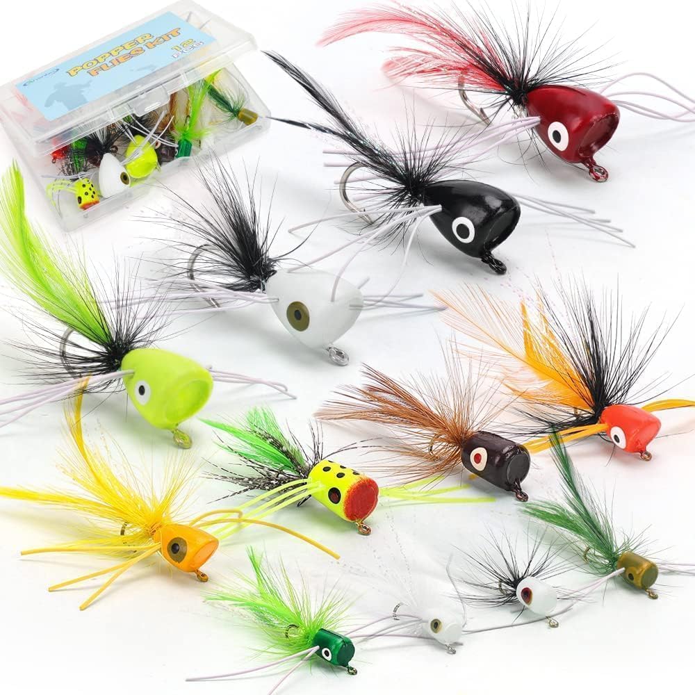 12PCS Fly Fishing Popper Flies, Fly Popper Lures Bass Panfish Bluegill Crappie Popping bug Sunfish Trout Salmon Poppers Flys Kit for Fly Fishing