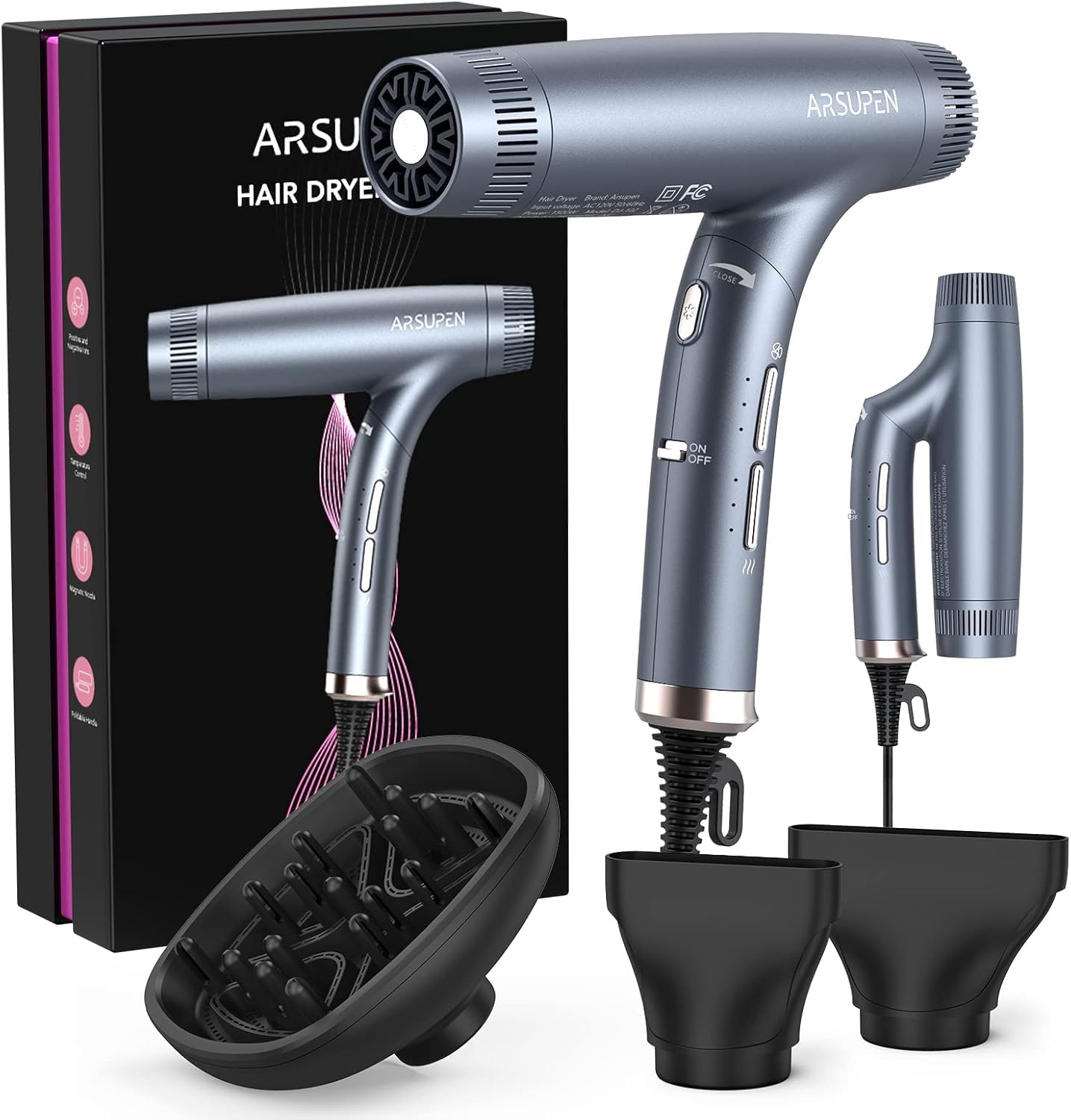 Hair Dryer, 1600W, Foldable, Ionic Technology, Lightweight, Black